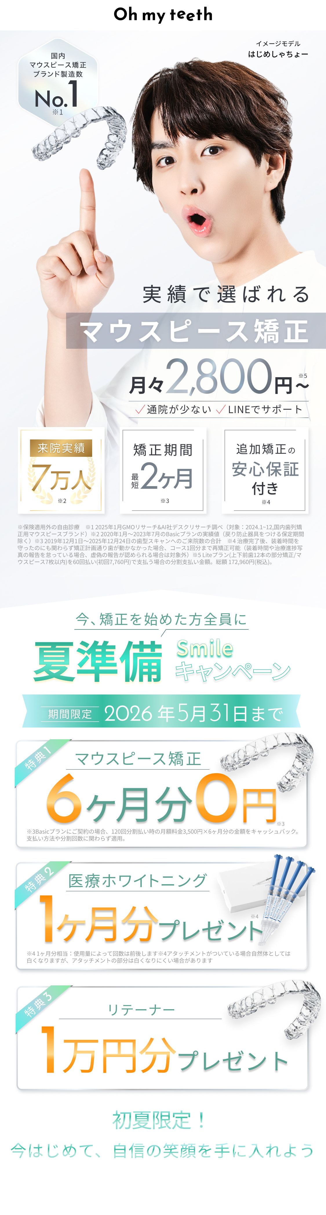 Oh my teeth(オーマイティース)、実績で選ばれるマウスピース矯正、総額15万円・月々2800円から、矯正期間は最短2ヶ月